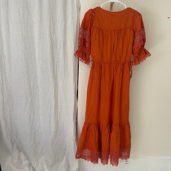 NWT SELF-PORTRAIT Lace Trim Satin Twill Ruffle Midi Dress In Orange Size 0 UK 4 - Picture 5 of 11